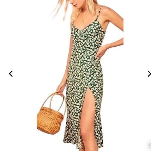 Reformation Crimini Slip Dress Midi Green Floral Size 6 - Picture 1 of 14